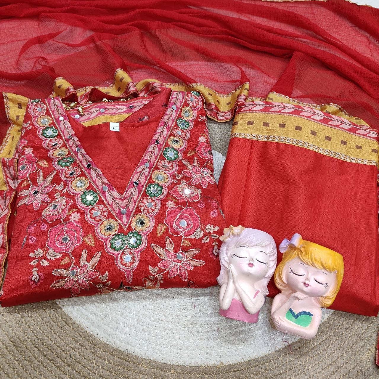 Elegant Embroidered Red Salwar Suit Set with Detailed Dupatta