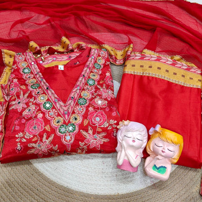 Elegant Embroidered Red Salwar Suit Set with Detailed Dupatta