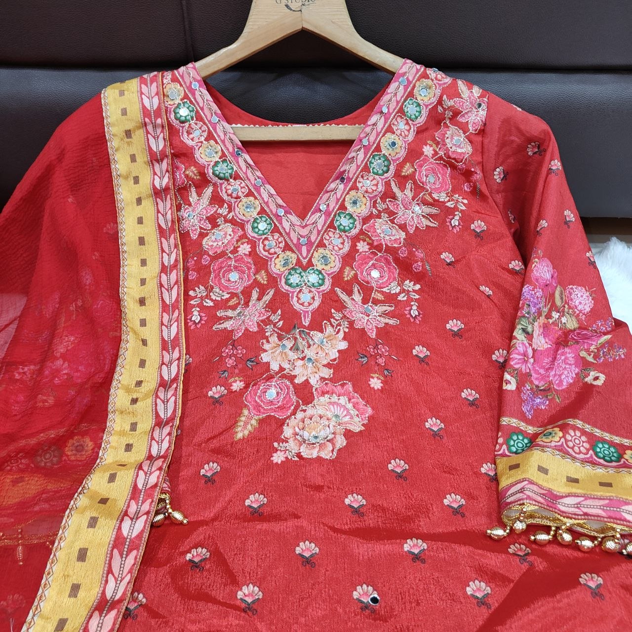 Elegant Embroidered Red Salwar Suit Set with Detailed Dupatta