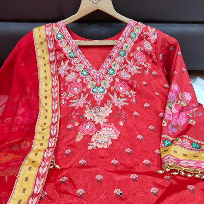 Elegant Embroidered Red Salwar Suit Set with Detailed Dupatta