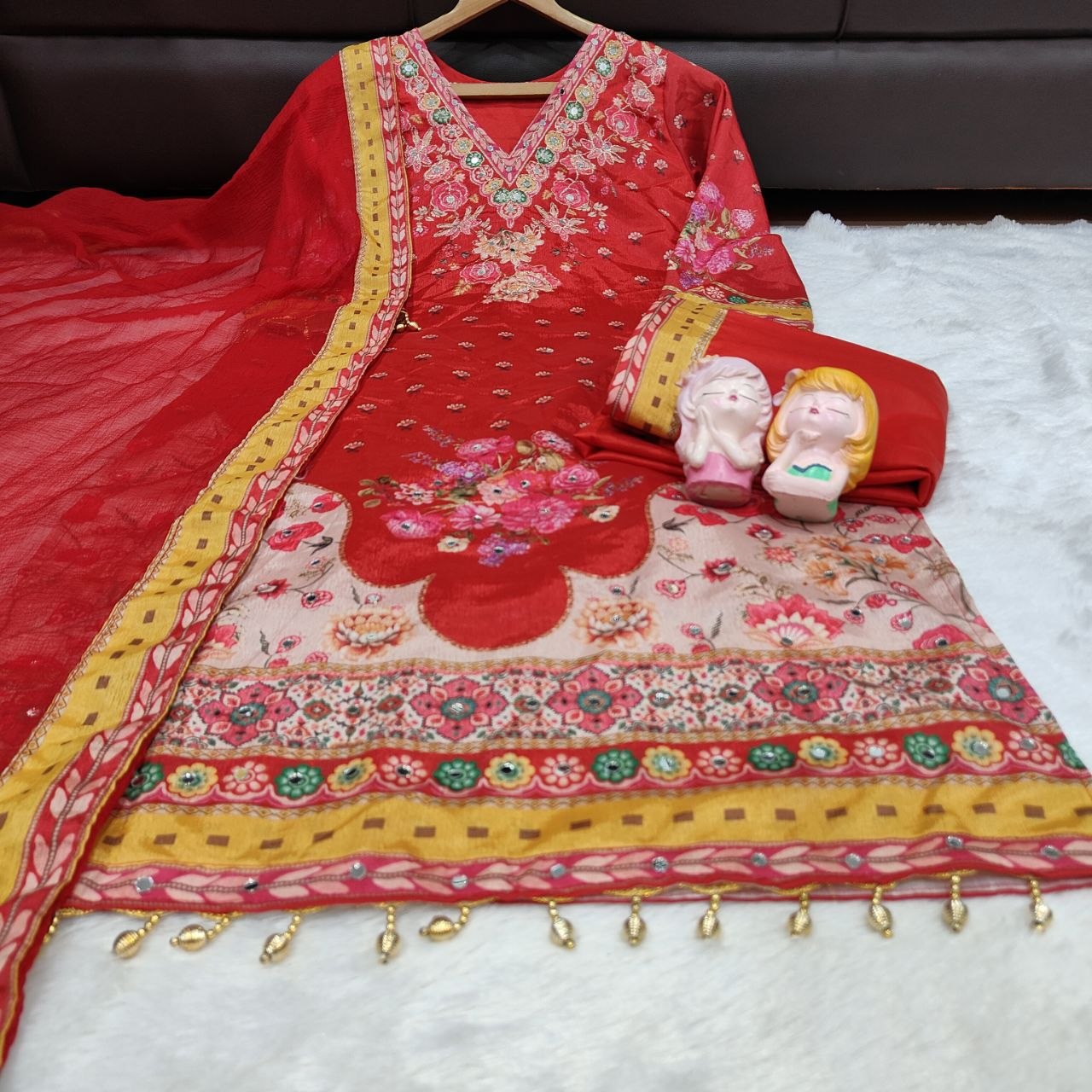 Elegant Embroidered Red Salwar Suit Set with Detailed Dupatta