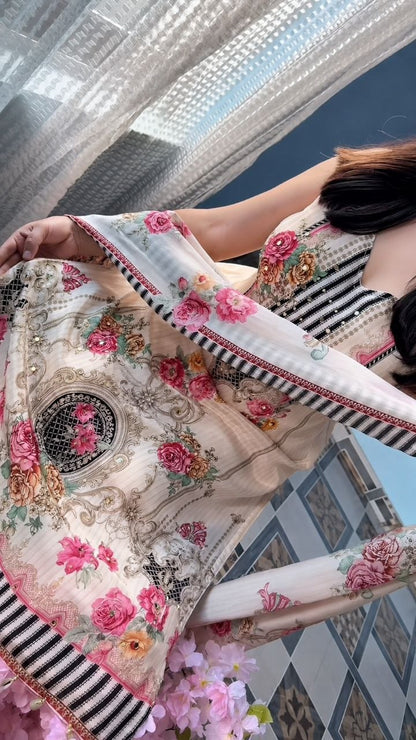 Peach Blossom Elegance Printed Suit Set