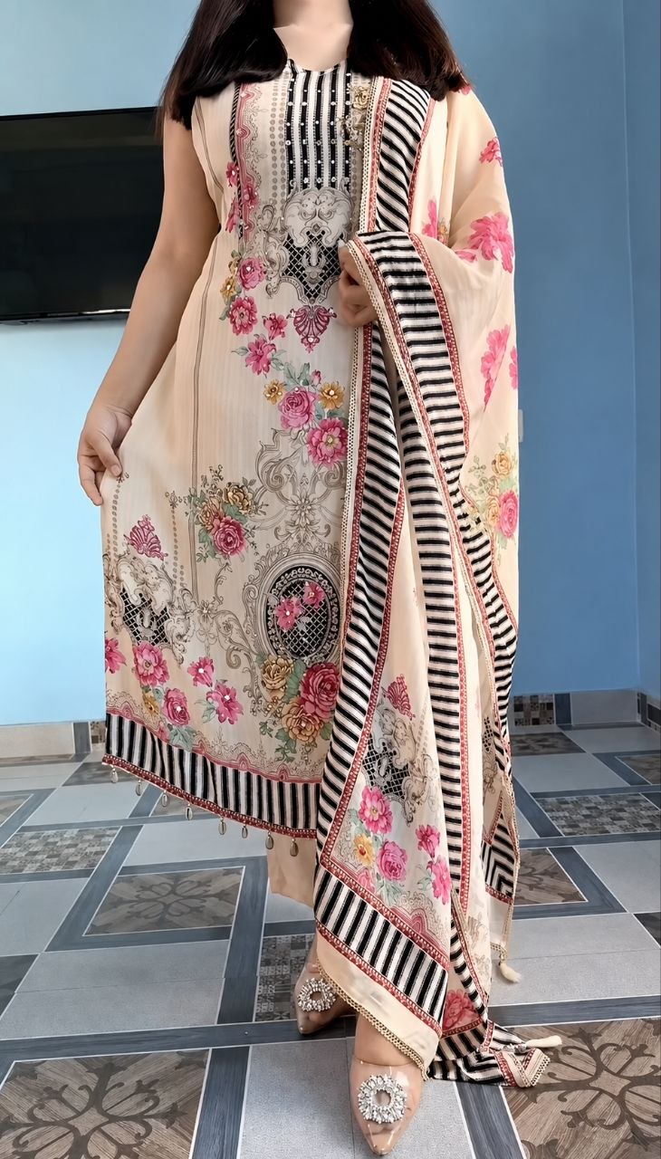 Peach Blossom Elegance Printed Suit Set