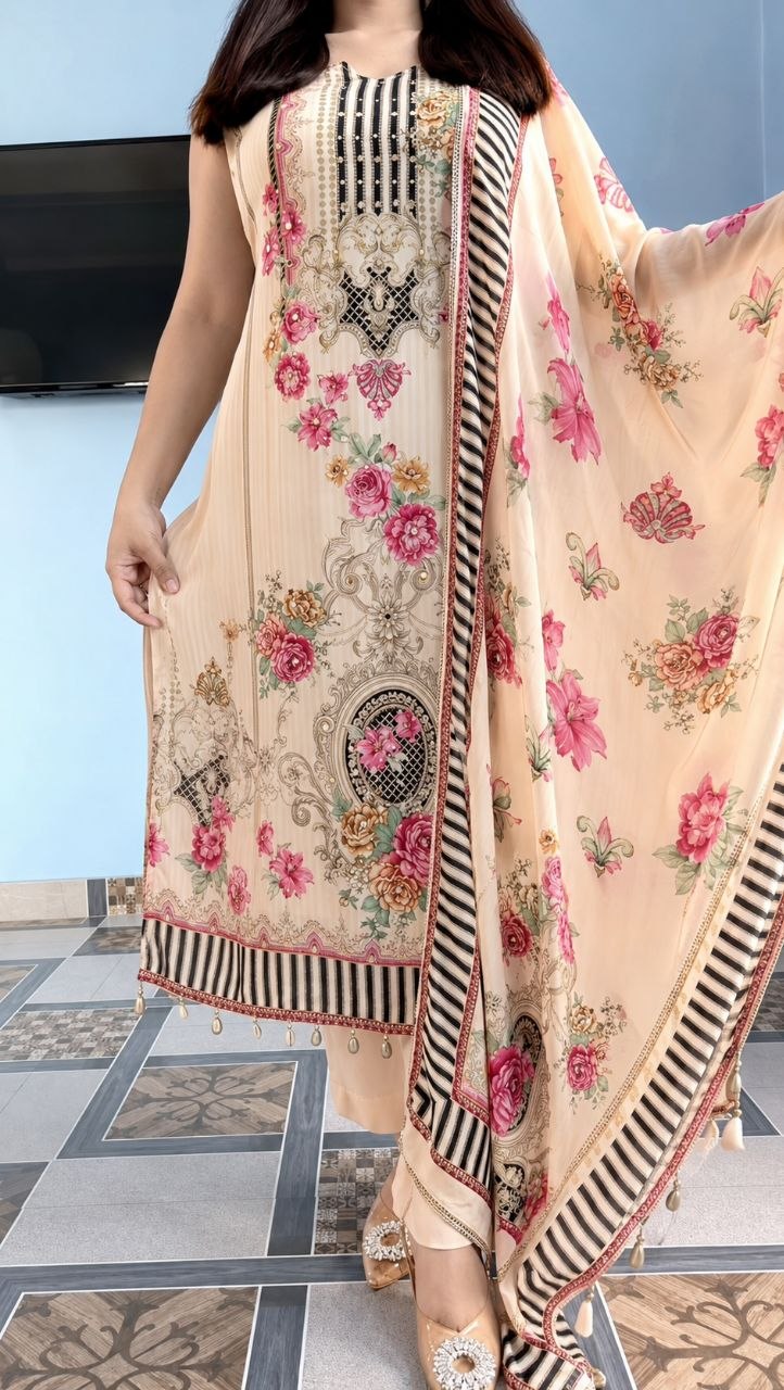 Peach Blossom Elegance Printed Suit Set
