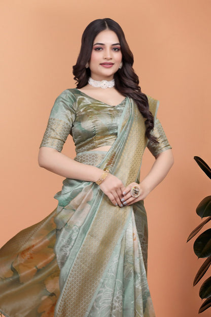 Exclusive Pastel Green Soft Silk Saree with Floral Digital Print & Golden Zari Border
