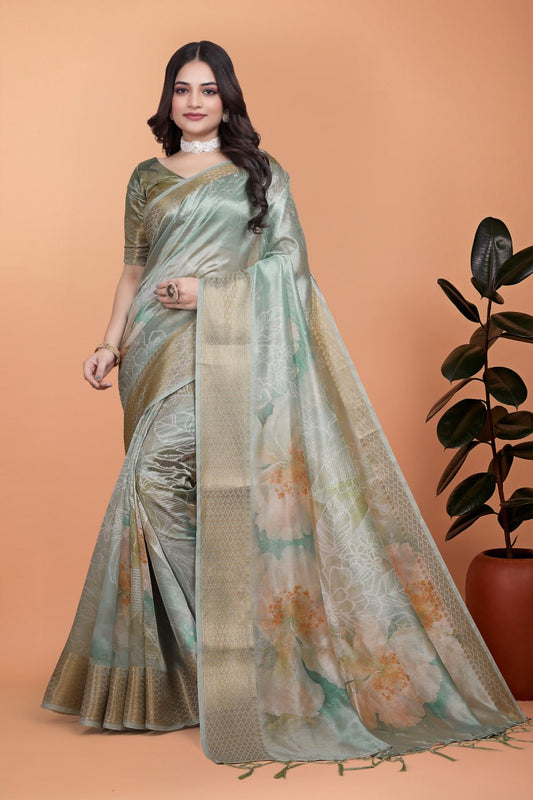 Exclusive Pastel Green Soft Silk Saree with Floral Digital Print & Golden Zari Border