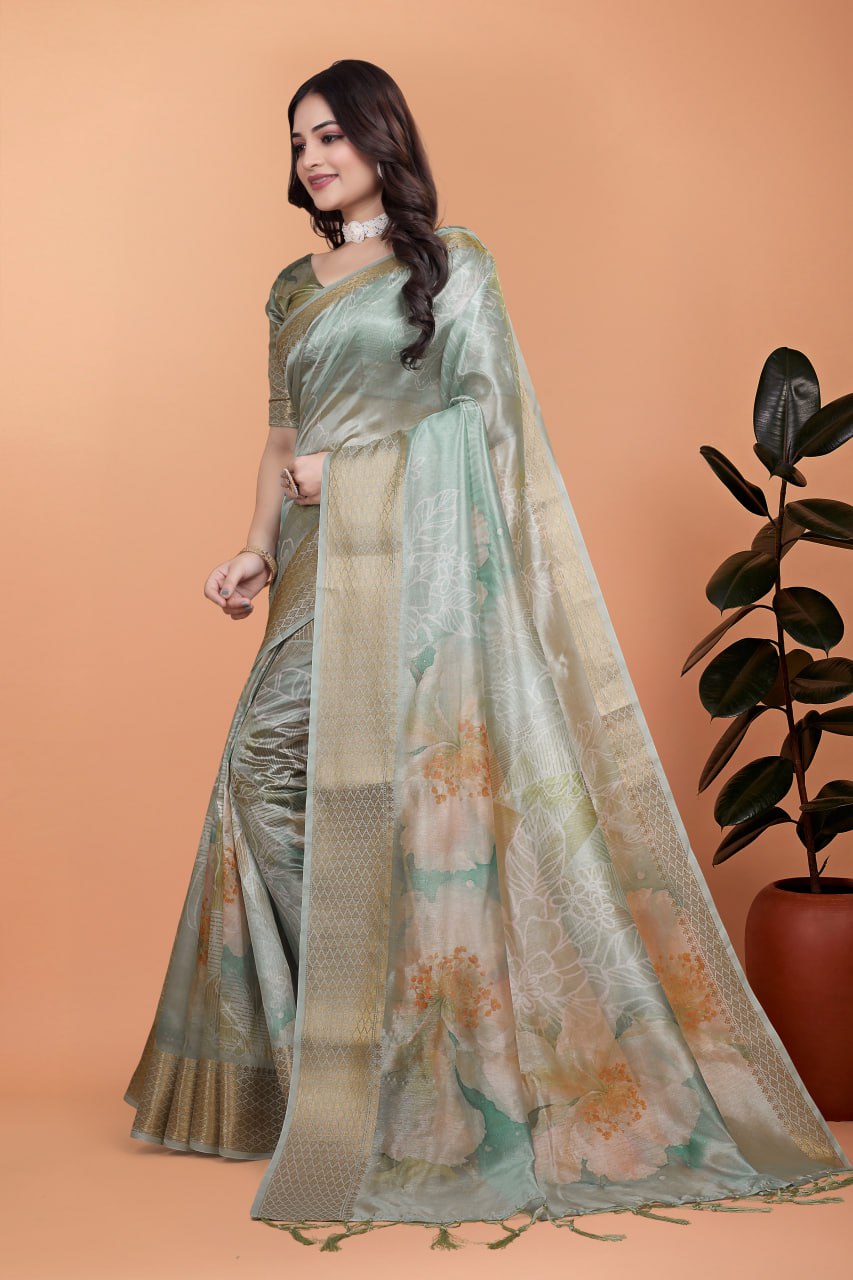 Exclusive Pastel Green Soft Silk Saree with Floral Digital Print & Golden Zari Border