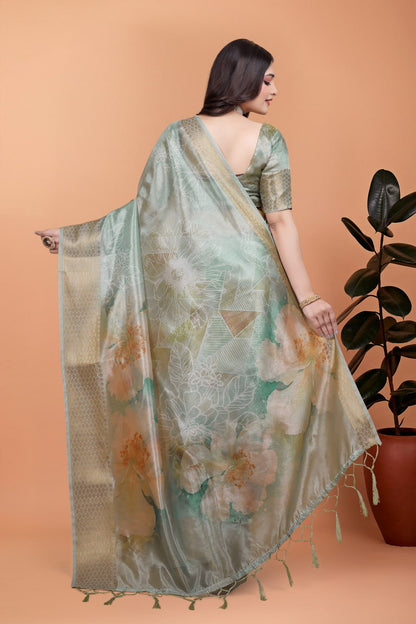 Exclusive Pastel Green Soft Silk Saree with Floral Digital Print & Golden Zari Border