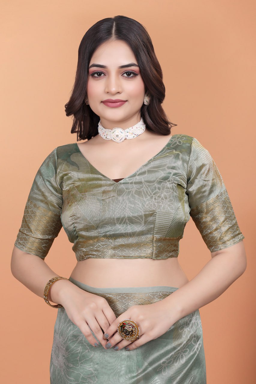Exclusive Pastel Green Soft Silk Saree with Floral Digital Print & Golden Zari Border