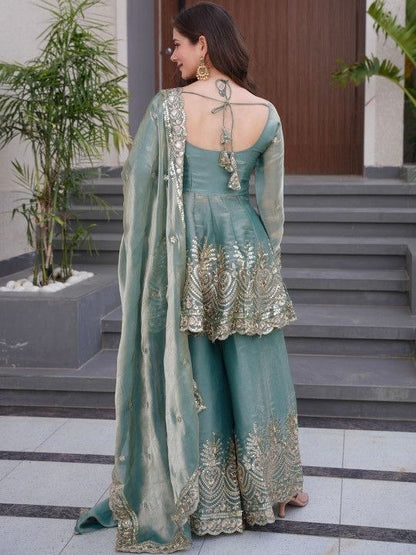 Sea Green Embroidered Peplum Sharara Suit Set