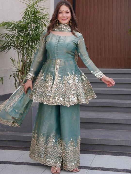 Sea Green Embroidered Peplum Sharara Suit Set