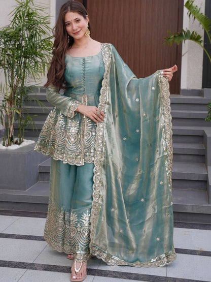 Sea Green Embroidered Peplum Sharara Suit Set