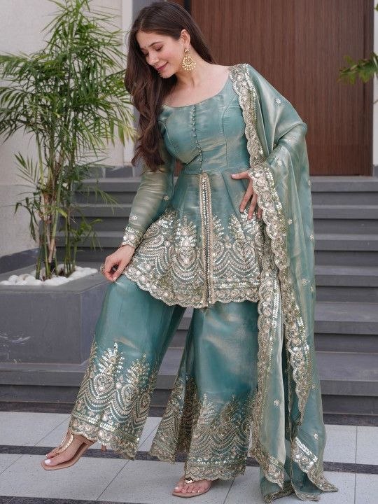 Sea Green Embroidered Peplum Sharara Suit Set