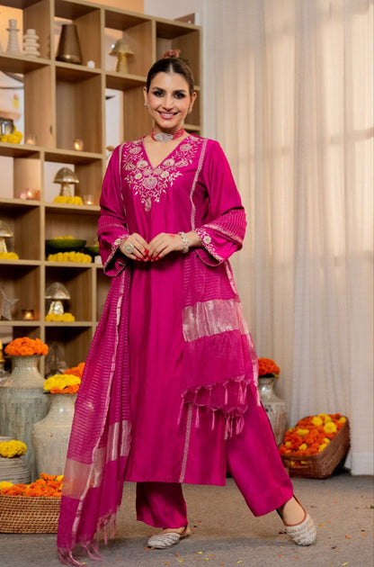 Radiant pure Satori silk Embroidered Silk Blend Kurta Palazzo Set