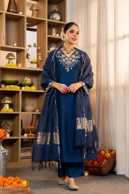 Graceful Navy Blue Embroidered Silk Blend Kurta Palazzo Set with Woven Zari Dupatta for Festive & Party Wear