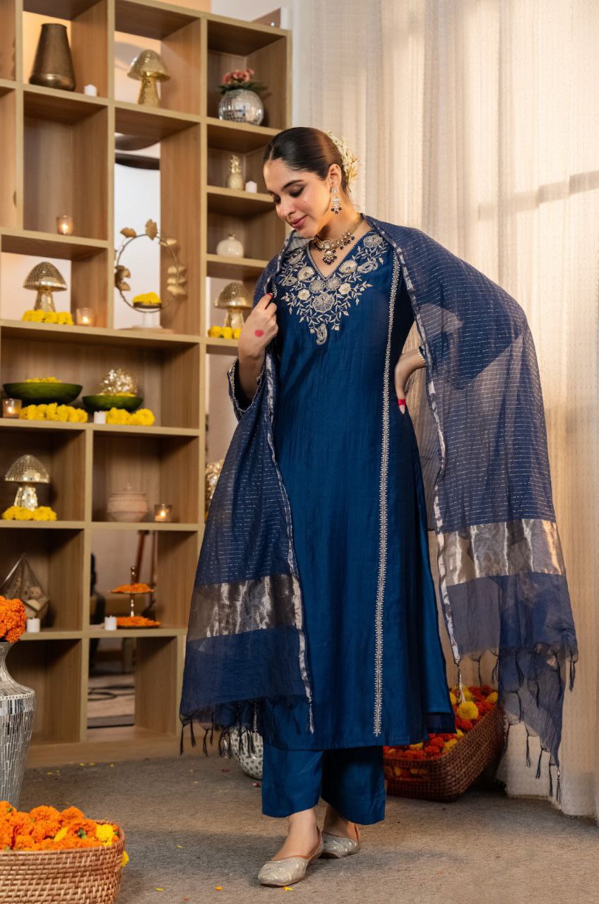 Graceful Navy Blue Embroidered Silk Blend Kurta Palazzo Set with Woven Zari Dupatta for Festive & Party Wear