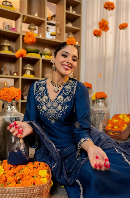 Graceful Navy Blue Embroidered Silk Blend Kurta Palazzo Set with Woven Zari Dupatta for Festive & Party Wear