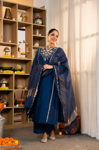 Graceful Navy Blue Embroidered Silk Blend Kurta Palazzo Set with Woven Zari Dupatta for Festive & Party Wear