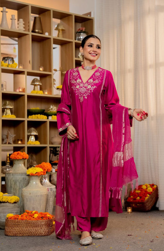 Radiant pure Satori silk Embroidered Silk Blend Kurta Palazzo Set