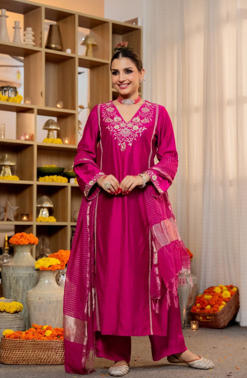Radiant pure Satori silk Embroidered Silk Blend Kurta Palazzo Set