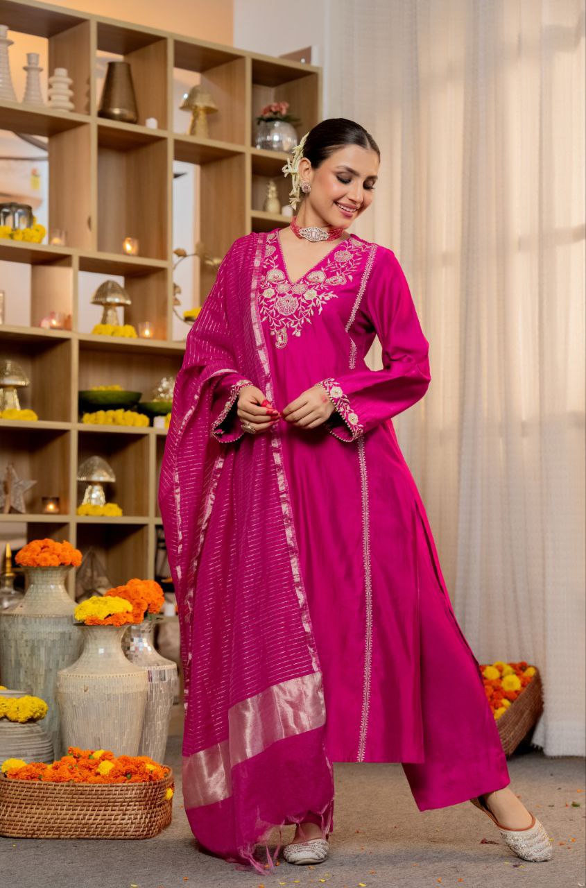 Radiant pure Satori silk Embroidered Silk Blend Kurta Palazzo Set