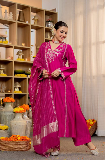 Radiant pure Satori silk Embroidered Silk Blend Kurta Palazzo Set