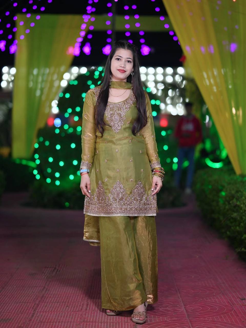 Fantastic Olive Green Embroidered Kurta and Palazzo Set with Matching Dupatta