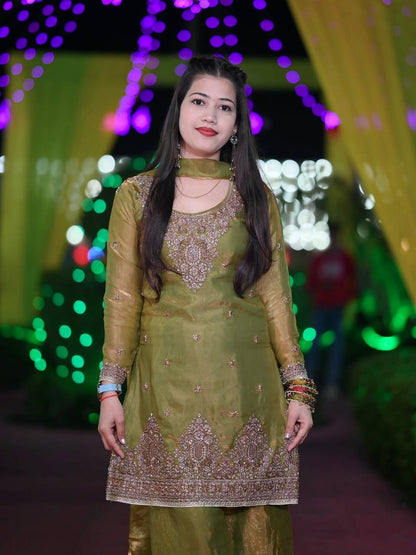 Fantastic Olive Green Embroidered Kurta and Palazzo Set with Matching Dupatta