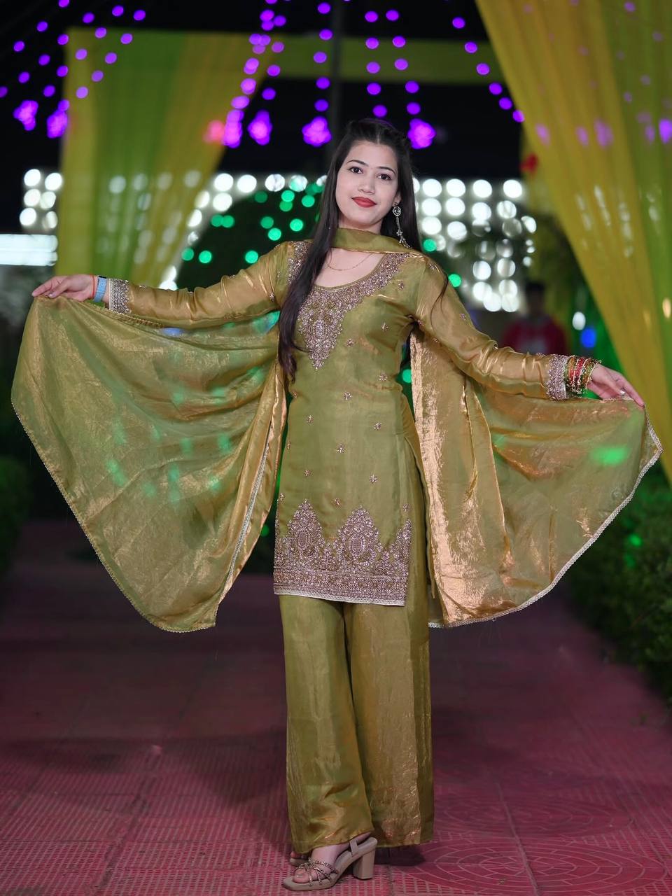 Fantastic Olive Green Embroidered Kurta and Palazzo Set with Matching Dupatta