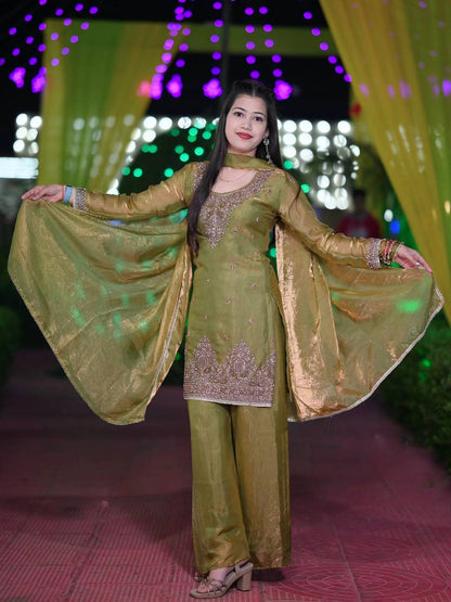 Fantastic Olive Green Embroidered Kurta and Palazzo Set with Matching Dupatta