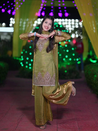 Fantastic Olive Green Embroidered Kurta and Palazzo Set with Matching Dupatta