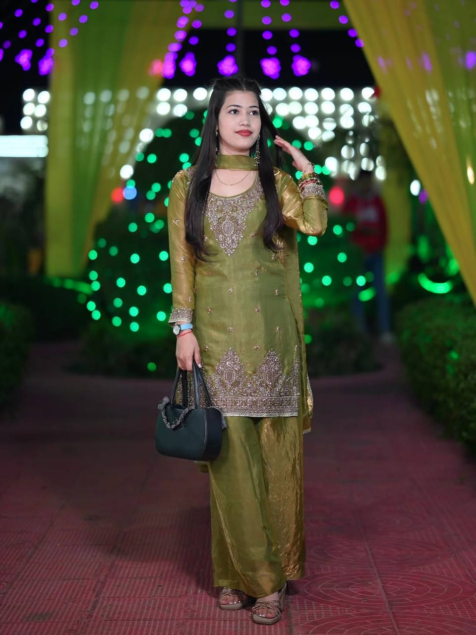 Fantastic Olive Green Embroidered Kurta and Palazzo Set with Matching Dupatta