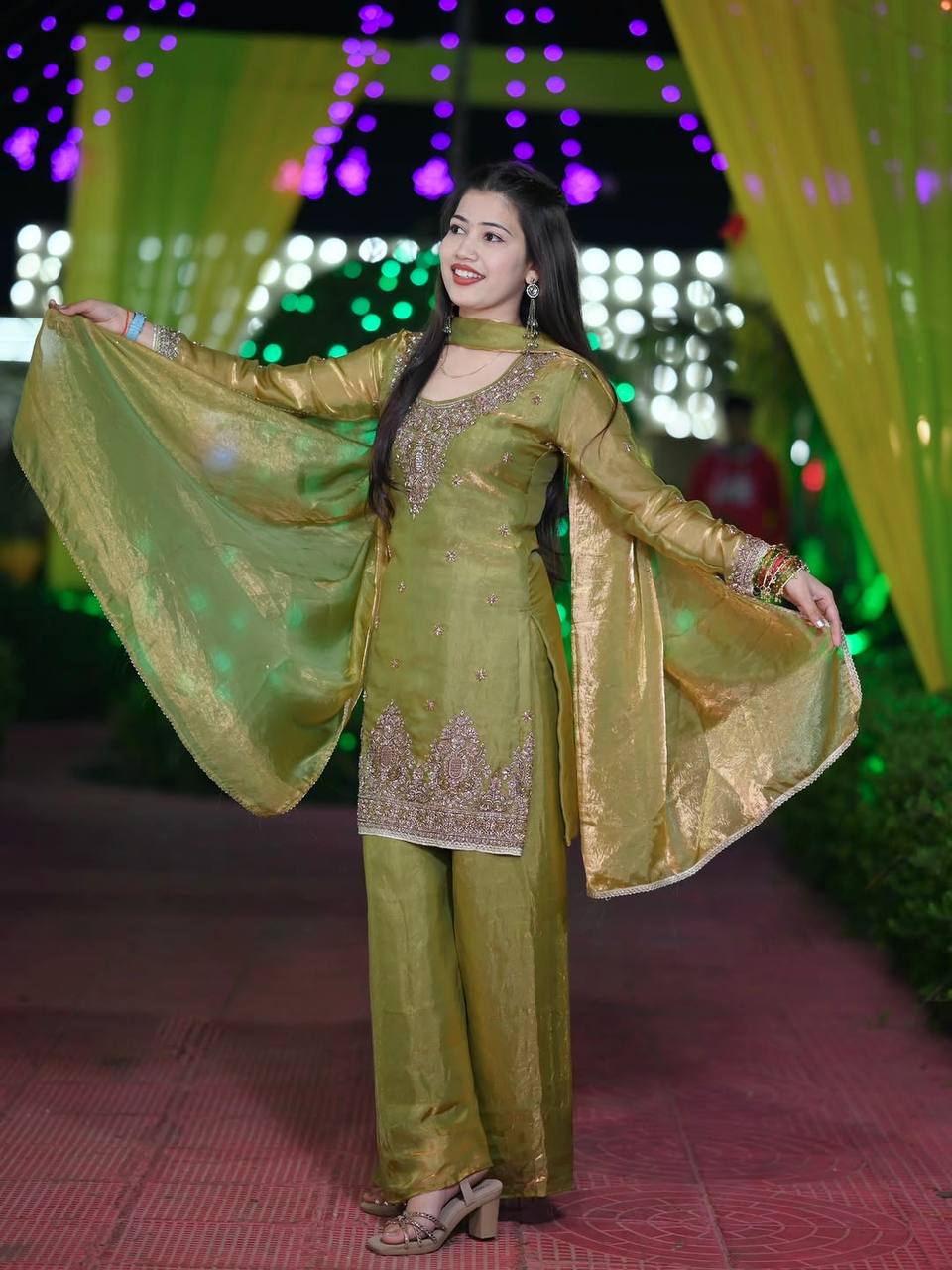 Fantastic Olive Green Embroidered Kurta and Palazzo Set with Matching Dupatta