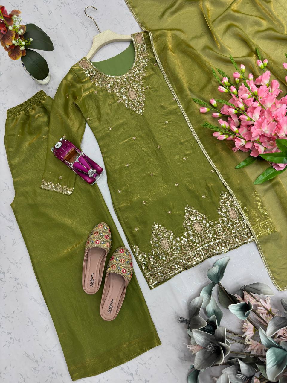 Fantastic Olive Green Embroidered Kurta and Palazzo Set with Matching Dupatta
