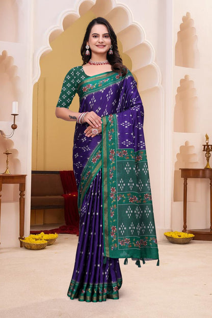 Trendy Purple Mal Cotton Saree with Green Floral Border Design