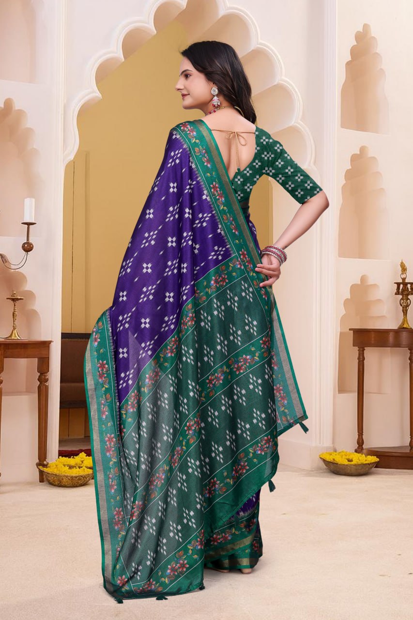 Trendy Purple Mal Cotton Saree with Green Floral Border Design
