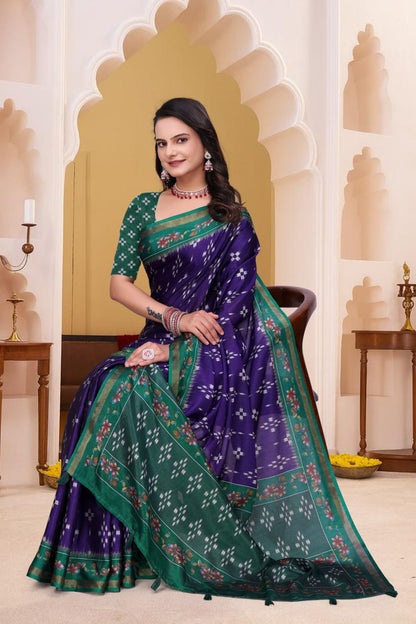 Trendy Purple Mal Cotton Saree with Green Floral Border Design