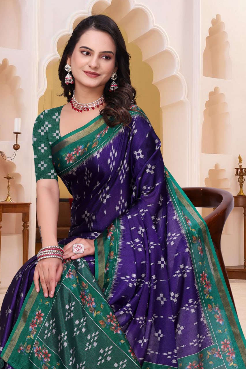 Trendy Purple Mal Cotton Saree with Green Floral Border Design
