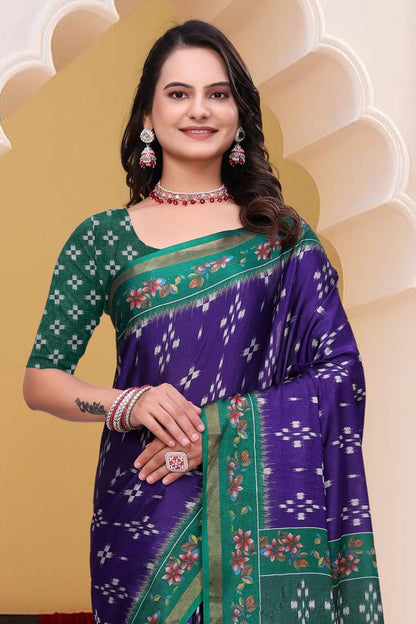Trendy Purple Mal Cotton Saree with Green Floral Border Design