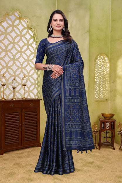 Royal Navy Blue Mal Cotton Saree with Traditional Woven Print Design