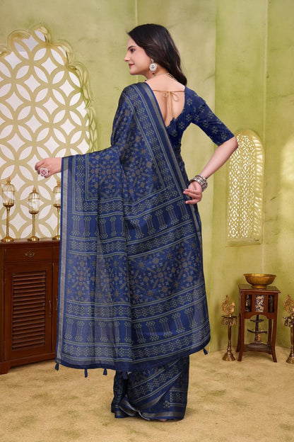 Royal Navy Blue Mal Cotton Saree with Traditional Woven Print Design