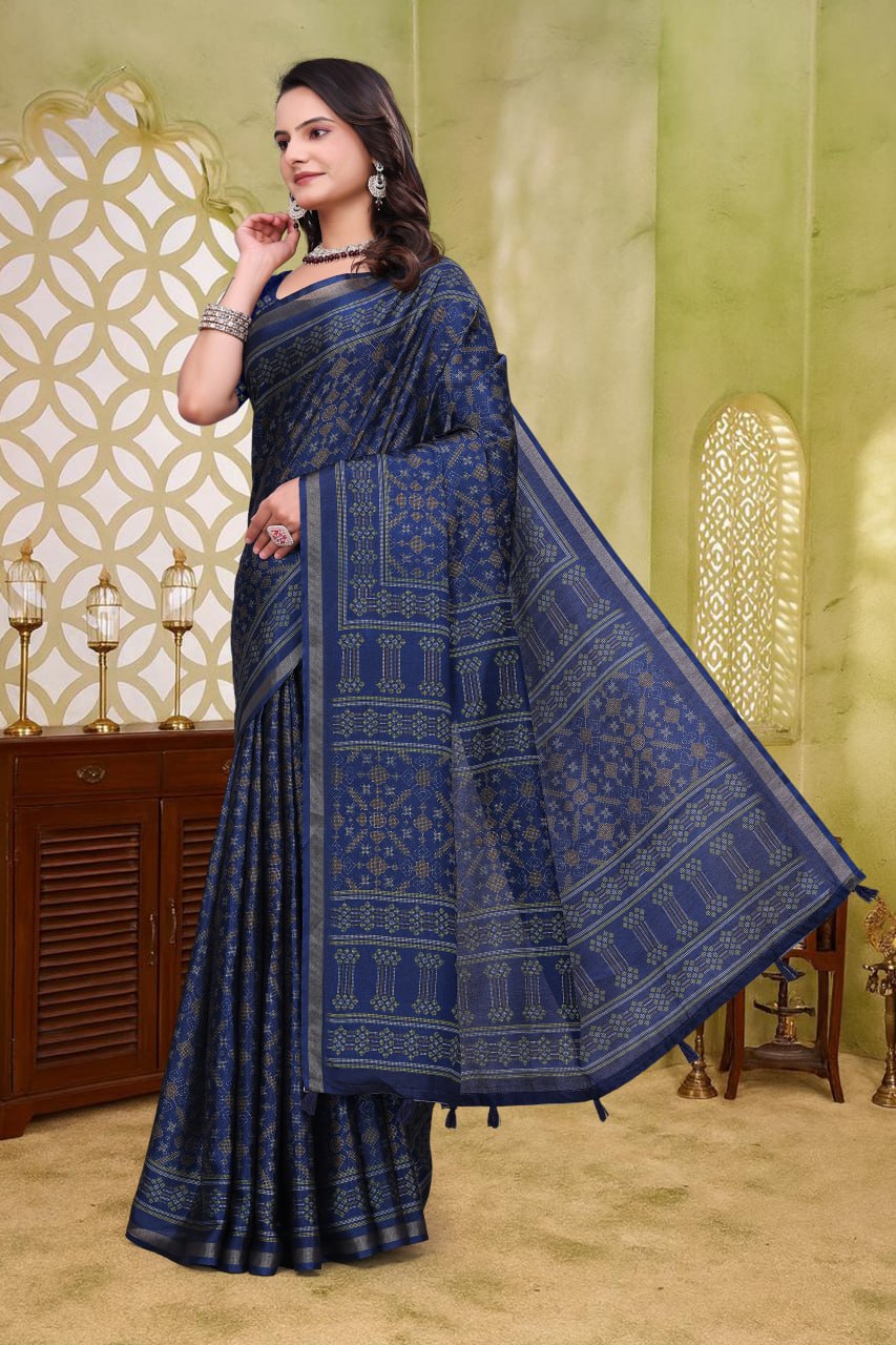 Royal Navy Blue Mal Cotton Saree with Traditional Woven Print Design