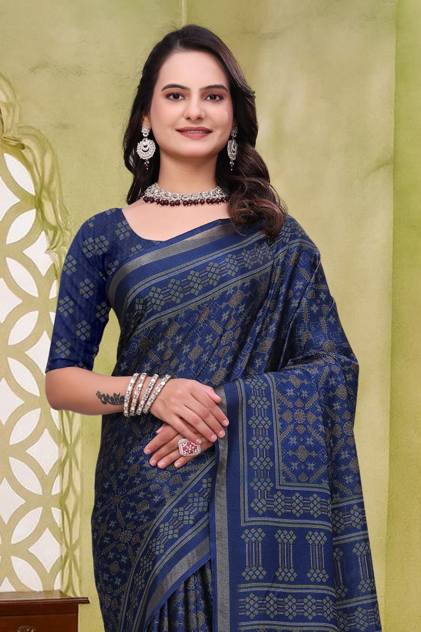 Royal Navy Blue Mal Cotton Saree with Traditional Woven Print Design