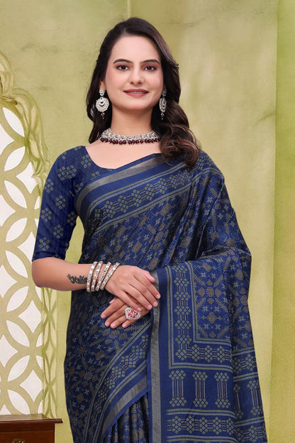 Royal Navy Blue Mal Cotton Saree with Traditional Woven Print Design