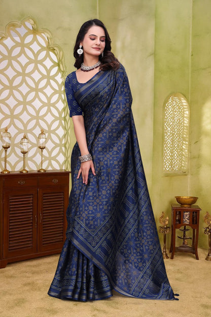 Royal Navy Blue Mal Cotton Saree with Traditional Woven Print Design