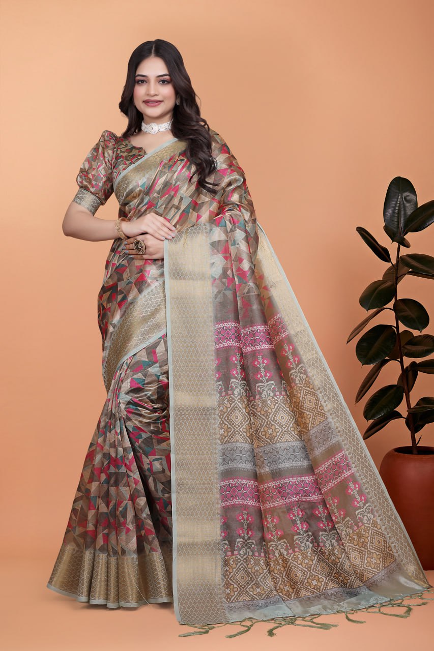 Golden Beige Soft Silk Saree with Geometric Weave & Pink Ornamental Pallu