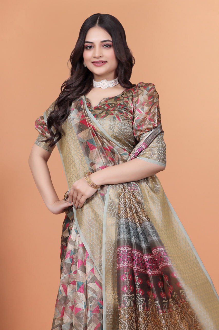 Golden Beige Soft Silk Saree with Geometric Weave & Pink Ornamental Pallu