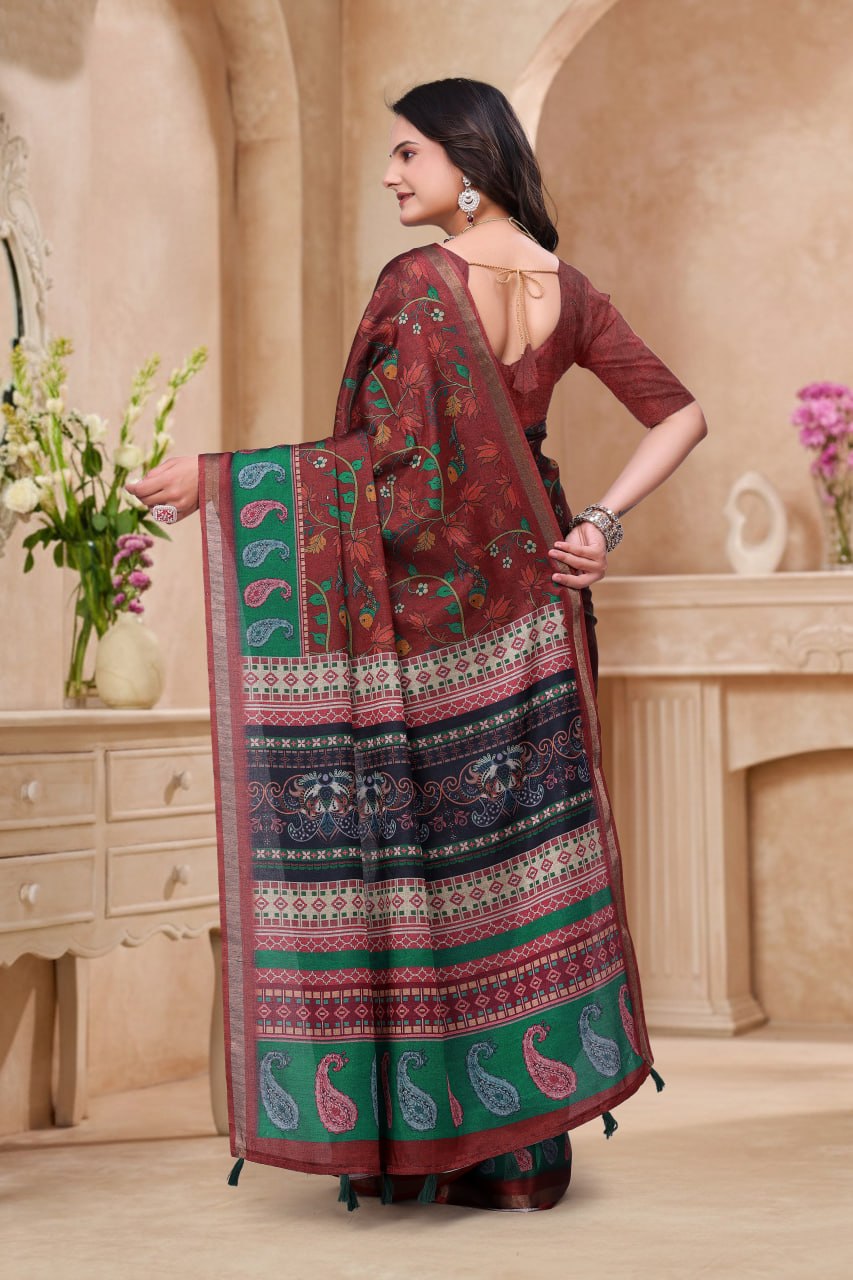 Elegant Maroon Floral Printed Mal Cotton Saree with Green Paisley Border