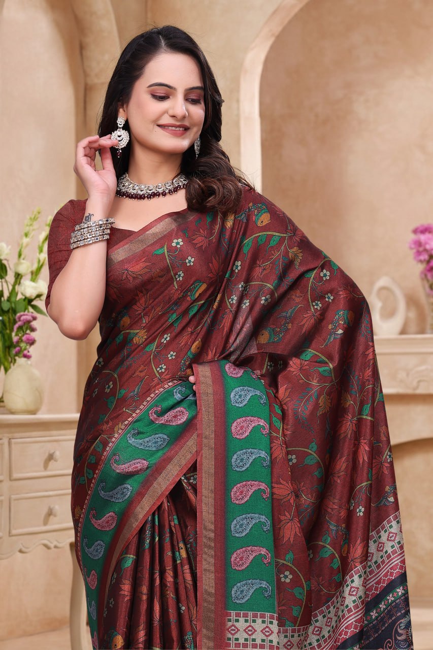 Elegant Maroon Floral Printed Mal Cotton Saree with Green Paisley Border