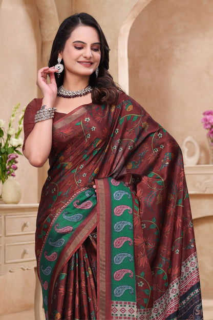 Elegant Maroon Floral Printed Mal Cotton Saree with Green Paisley Border